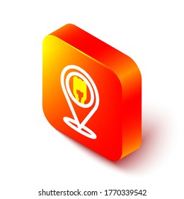 Isometric line Cafe and restaurant location icon isolated on white background. Fork and spoon eatery sign inside pinpoint. Orange square button. Vector Illustration.