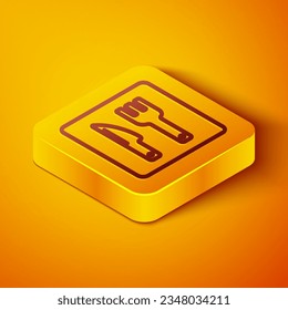 Isometric line Cafe and restaurant location icon isolated on orange background. Fork and spoon eatery sign inside pinpoint. Yellow square button. Vector.