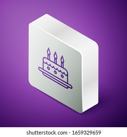 Isometric line Cake with burning candles icon isolated on purple background. Happy Birthday. Silver square button. Vector Illustration