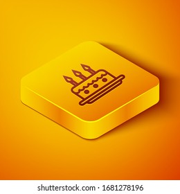 Isometric line Cake with burning candles icon isolated on orange background. Happy Birthday. Yellow square button. Vector Illustration