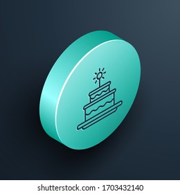 Isometric line Cake with burning candles icon isolated on black background. Happy Birthday. Turquoise circle button. Vector Illustration