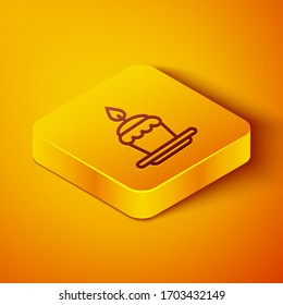 Isometric line Cake with burning candles icon isolated on orange background. Happy Birthday. Yellow square button. Vector Illustration