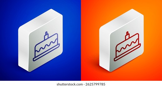 Isometric line Cake with burning candles icon isolated on blue and orange background. Happy Birthday. Silver square button. Vector