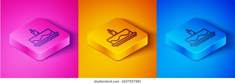 Isometric line Cake with burning candles icon isolated on pink and orange, blue background. Happy Birthday. Square button. Vector