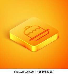 Isometric line Cake icon isolated on orange background. Happy Birthday. Orange square button. Vector Illustration