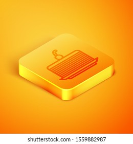 Isometric line Cake icon isolated on orange background. Happy Birthday. Orange square button. Vector Illustration