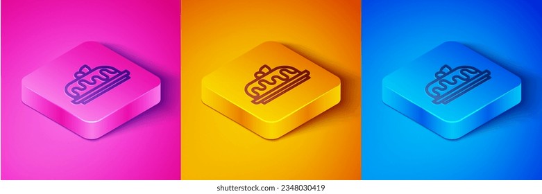 Icono de pastel isométrico aislado en fondo rosa y naranja, azul. Feliz cumpleaños. Botón cuadrado. Vector