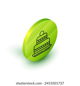 Línea isométrica Icono de torta aislado sobre fondo blanco. Feliz cumpleaños. Botón círculo verde. Vector