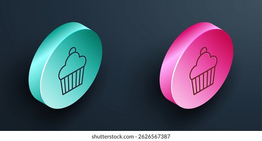 Isometric line Cake icon isolated on black background. Happy Birthday. Turquoise and pink circle button. Vector