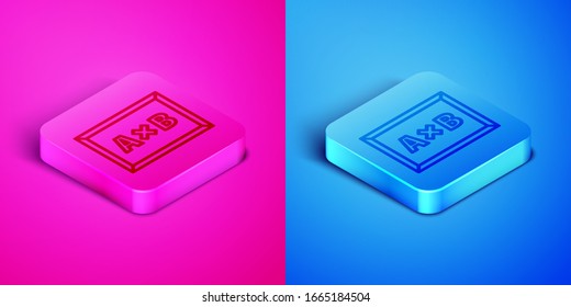 Isometric line Calculation icon isolated on pink and blue background. Square button. Vector Illustration