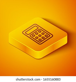 Isometric line Calculator icon isolated on orange background. Accounting symbol. Business calculations mathematics education and finance. Yellow square button. Vector Illustration