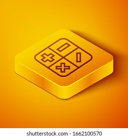 Icono de calculadora de línea isométrica aislado en fondo anaranjado. Símbolo de contabilidad. Cálculos empresariales, educación y finanzas matemáticas. Botón cuadrado amarillo. Ilustración vectorial