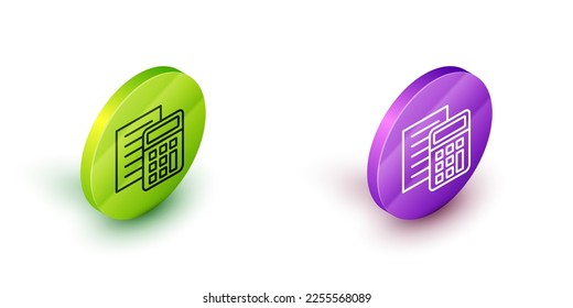 Isometric line Calculator icon isolated on white background. Accounting symbol. Business calculations mathematics education and finance. Green and purple circle buttons. Vector