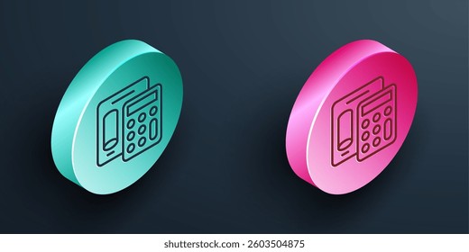 Isometric line Calculator icon isolated on black background. Accounting symbol. Business calculations mathematics education and finance. Turquoise and pink circle button. Vector