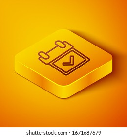 Línea isométrica Calendario con icono de marca aislado en fondo anaranjado. Botón cuadrado amarillo.  Ilustración vectorial