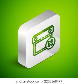 Isometric line Calendar date delete icon isolated on green background. Event reminder symbol. Silver square button. Vector