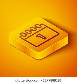 Isometric line Calendar with first september date icon isolated on orange background. September 1. Date and time, day, month. Holiday. Yellow square button. Vector