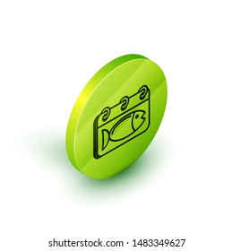 Isometric line Calendar with a fish icon isolated on white background. Day of fish. Green circle button. Vector Illustration