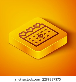 Isometric line Calendar with heart icon isolated on orange background. Valentines day. Love symbol. February 14. Yellow square button. Vector