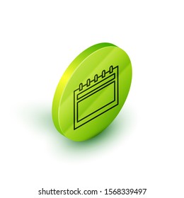 Isometric line Calendar icon isolated on white background. Event reminder symbol. Merry Christmas and Happy New Year. Green circle button. Vector Illustration