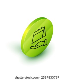Isometric line Calendar icon isolated on white background. Event reminder symbol. Green circle button. Vector