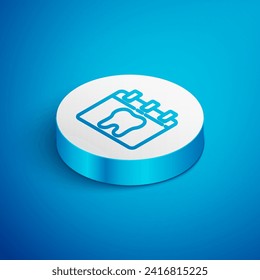 Isometric line Calendar with tooth icon isolated on blue background. International Dentist Day, March 6. March holiday calendar. White circle button. Vector