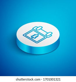 Isometric line Calendar with tree icon isolated on blue background. Event reminder symbol. Merry Christmas and Happy New Year. White circle button. Vector Illustration