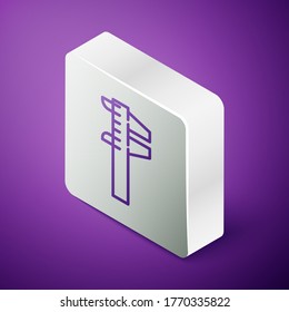 Isometric line Caliper o pinza de freno e icono de escala aislados en fondo morado. Herramientas de medición de precisión. Botón cuadrado plateado. Ilustración vectorial