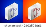 Isometric line Camera vintage film roll cartridge icon isolated on blue and orange background. 35mm film canister. Filmstrip photographer equipment. Silver square button. Vector