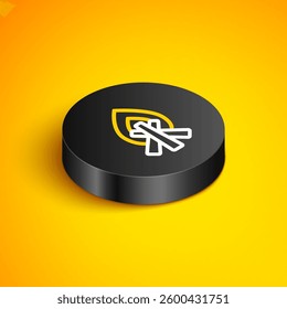 Isometric line Campfire icon isolated on yellow background. Burning bonfire with wood. Black circle button. Vector