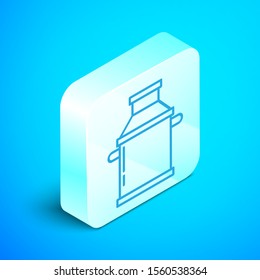 Isometric line Can container for milk icon isolated on blue background. Silver square button. Vector Illustration