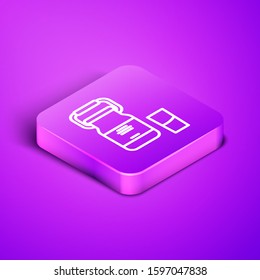 Isometric line Can container for milk and glass icon isolated on purple background. Purple square button. Vector Illustration