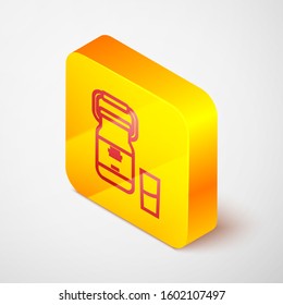 Isometric line Can container for milk and glass icon isolated on grey background. Yellow square button. Vector Illustration