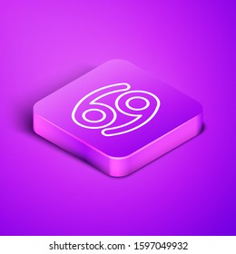 Isometric line Cancer zodiac sign icon isolated on purple background. Astrological horoscope collection. Purple square button. Vector Illustration