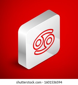 Isometric line Cancer zodiac sign icon isolated on red background. Astrological horoscope collection. Silver square button. Vector Illustration