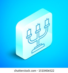 Isometric line Candlestick icon isolated on blue background. Silver square button. Vector Illustration