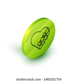 Isometric line Candy in heart shaped box and bow icon isolated on white background. Valentines Day. Green circle button. Vector Illustration