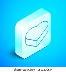 Isometric line Candy in heart shaped box and bow icon isolated on blue background. Valentines Day. Silver square button. Vector Illustration