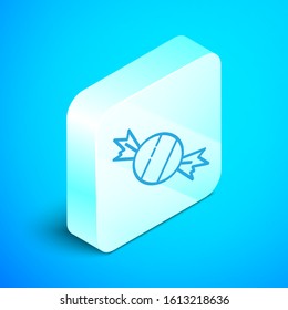 Isometric line Candy icon isolated on blue background. Silver square button. Vector Illustration
