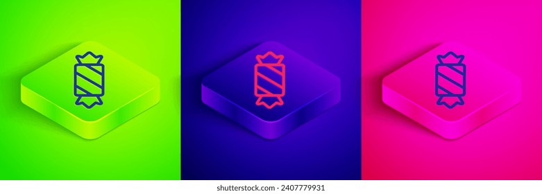 Isometric line Candy icon isolated on green, blue and pink background. Merry Christmas and Happy New Year. Square button. Vector