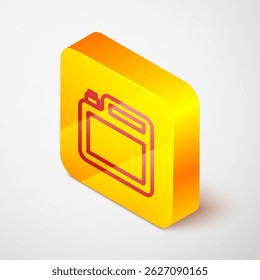 Isometric line Canister for motor machine oil icon isolated on grey background. Oil gallon. Oil change service and repair. Engine oil sign. Yellow square button. Vector