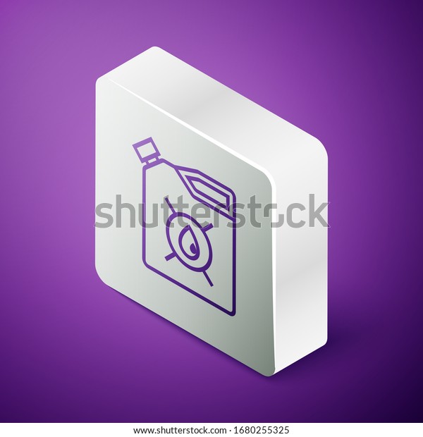 Isometric\
line Canister for motor machine oil icon isolated on purple\
background. Oil gallon. Oil change service and repair. Engine oil\
sign. Silver square button. Vector\
Illustration