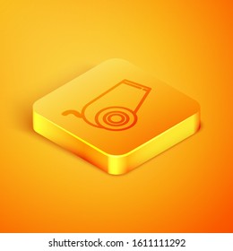 Isometric line Cannon icon isolated on orange background. Medieval weapons. Orange square button. Vector Illustration
