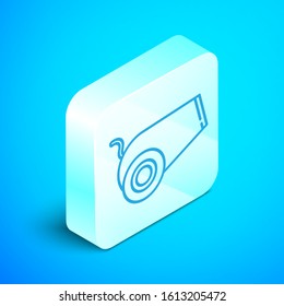 Isometric line Cannon icon isolated on blue background. Medieval weapons. Silver square button. Vector Illustration