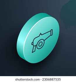 Isometrische Linie Cannon Symbol einzeln auf schwarzem Hintergrund. Türkisfarbener Kreis-Knopf. Vektorgrafik