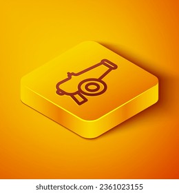 Isometric line Cannon icon isolated on orange background. Yellow square button. Vector