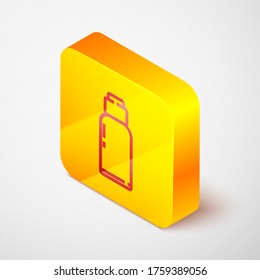 Isometric line Canteen water bottle icon isolated on grey background. Tourist flask icon. Jar of water use in the campaign. Yellow square button. Vector Illustration