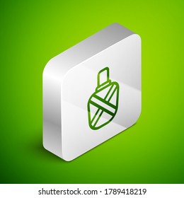 Isometric line Canteen water bottle icon isolated on green background. Tourist flask icon. Jar of water use in the campaign. Silver square button. Vector Illustration