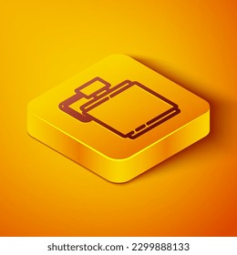 Isometric line Canteen water bottle icon isolated on orange background. Tourist flask icon. Jar of water use in the campaign. Yellow square button. Vector