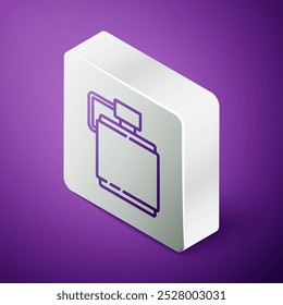 Isometric line Canteen water bottle icon isolated on purple background. Tourist flask icon. Jar of water use in the campaign. Silver square button. Vector